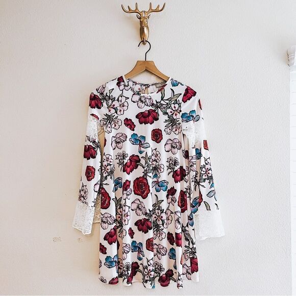 Asos Women's White/Red Floral Long Sleeve Mesh Mini Dress Size 2 NWT - Picture 1 of 10